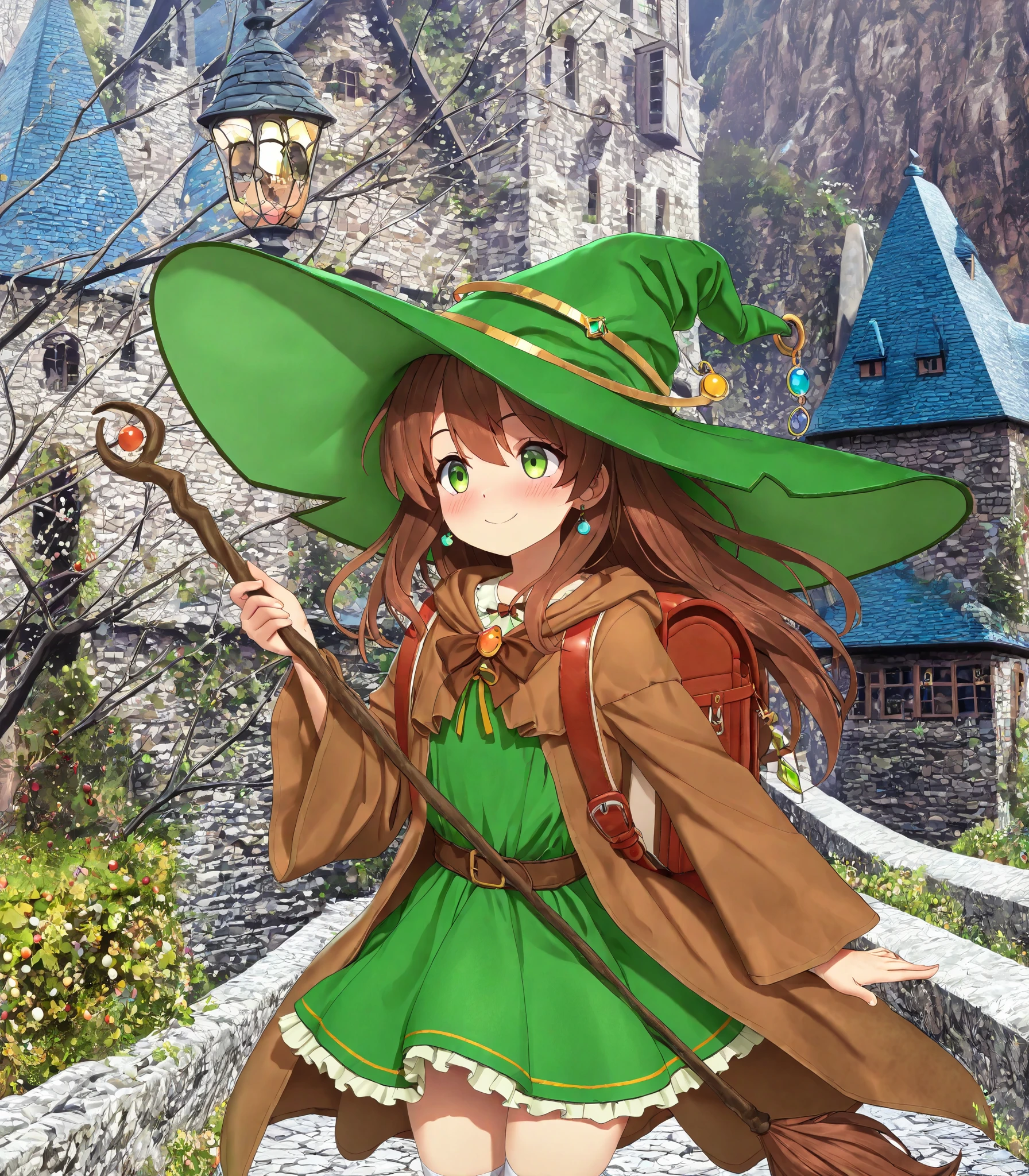Masterpiece, hd, 2d, anime, 1girl, brown hair, wearing green witch hat, ornaments, jewelry, earrings, wearing brown witch robe, green dress, bowtie, green frilled dress, white thighhighs, wearing randoseru backpack, wearing brown backpack, smile, blush, standing, outdoor, holding wand