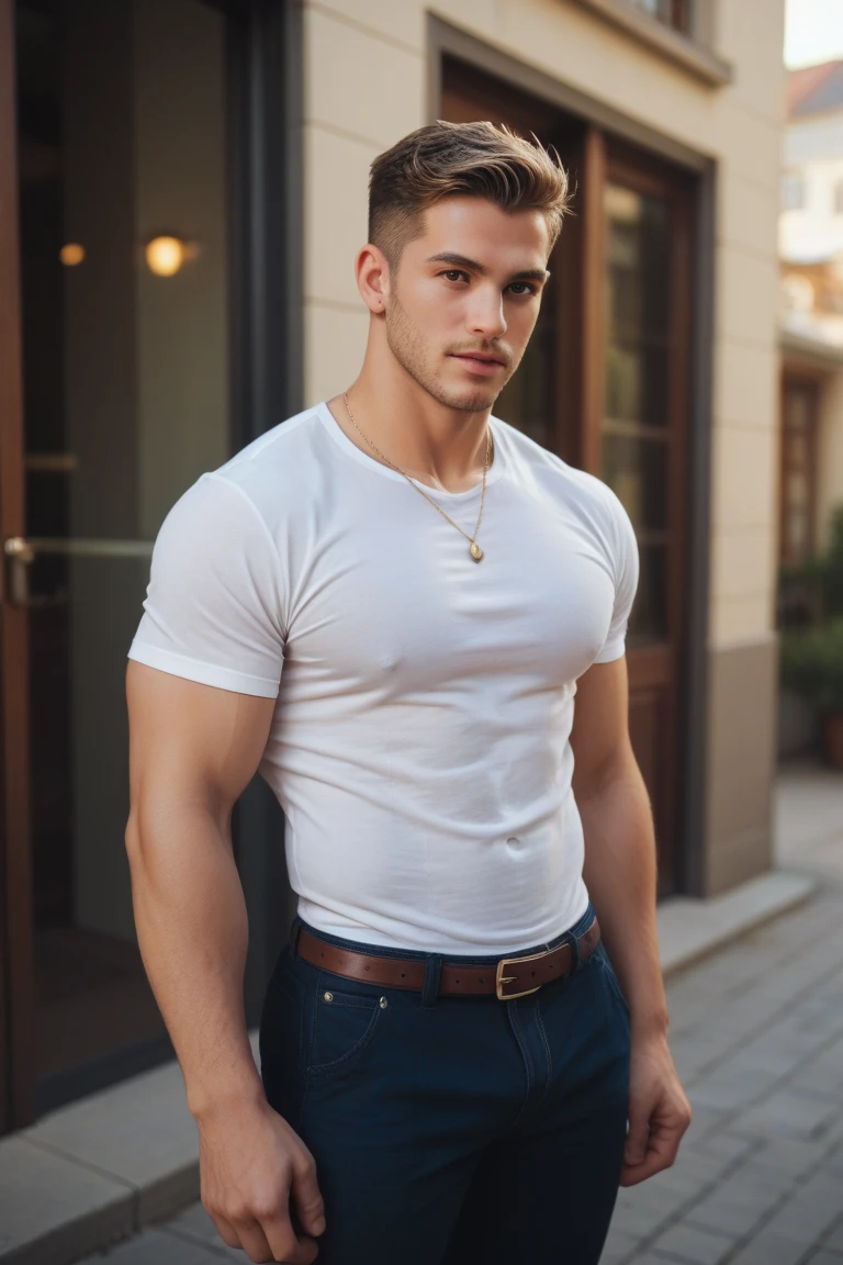 A handsome bodybuilder young man (20 years, atractive, cute smile, Profiled nose, thick lips, perfect face, huge biceps , t-shirt, veiny ) Flexing arms sexy, On a terrace of a coffe , Eiffel tower , at mouline rouge, night