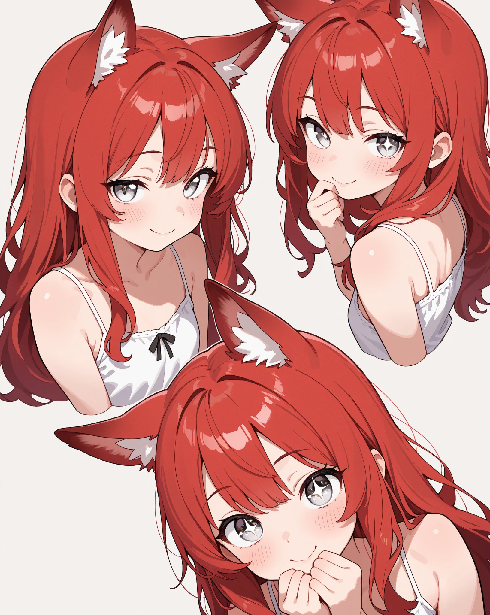 <lora:zoirun:1>1girl, choker, hairclip, dress, sitting, border, sketch, animal ears, black choker, cat ears, multiple views, long hair, red hair, looking at viewer, white dress, closed mouth, pink eyes, long sleeves, hair ornament, hands on hips, extra ears, off shoulder, brown hair