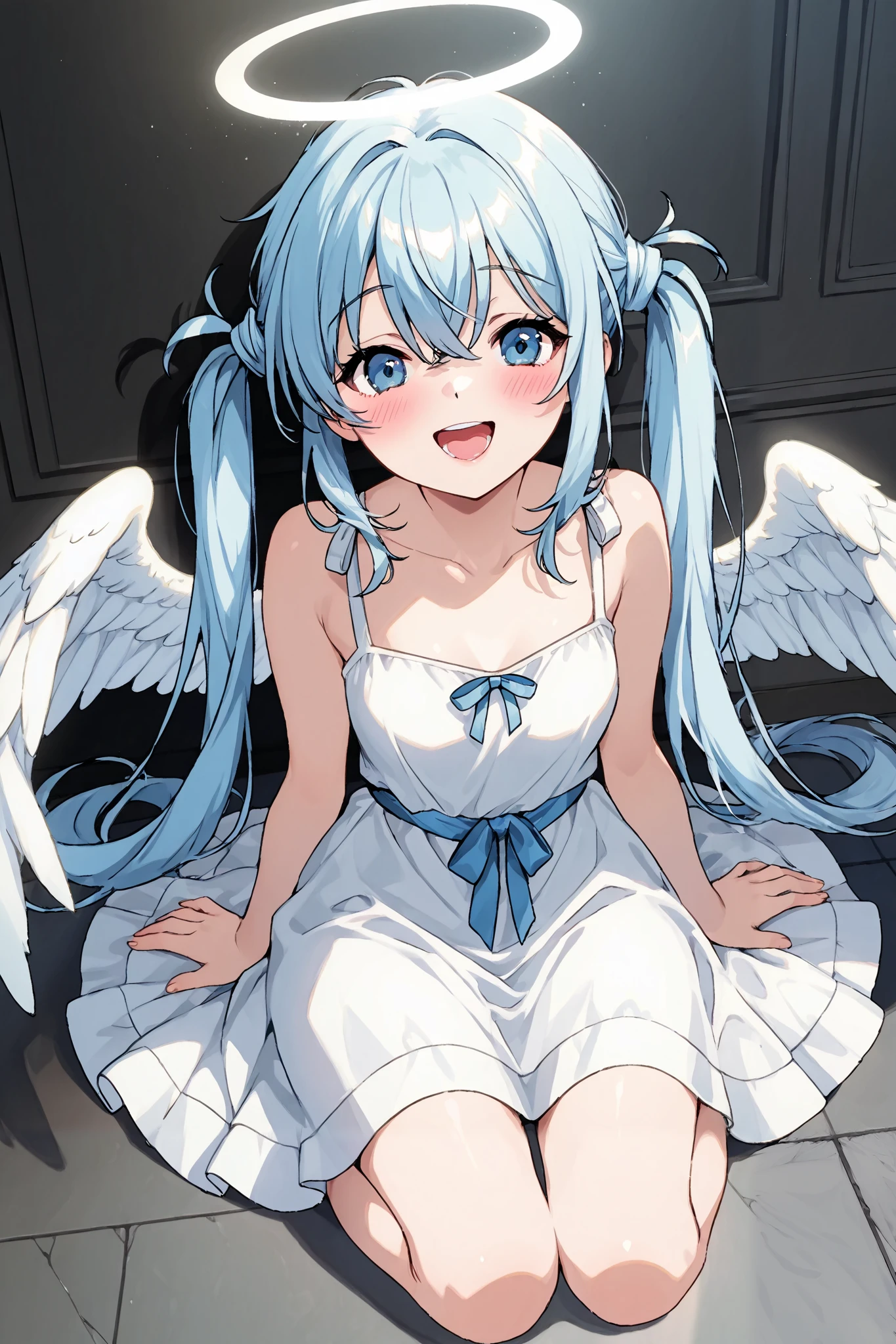 ,、 white angel wings、sheer white dress、An angel is an angel's halo on the head 、heaven、I pray、smile、high resolution, looking, blush, smiles, open your mouth, blue eyes, Blue Hair/light blue hair tied at the top, twin tails, best quality, sitting,full body picture