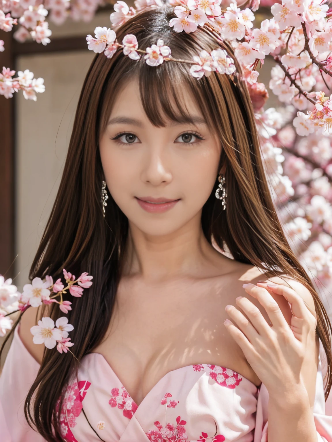 masterpiece, (Pink kimono), Fascinating face, Good lighting, Cleavage, The finer details, masterpiece, Glowing Eyes, One girl, Black Hair, inhale, Nezuko Kamado, Wisteria Background, masterpiece, Highest quality, throw,,