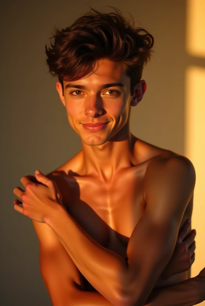 Young man , face perfect, honey eyes , skinny sexy , wearing no shirt, muscular straight rebellious hair, It's in my kitchen in the favela 
