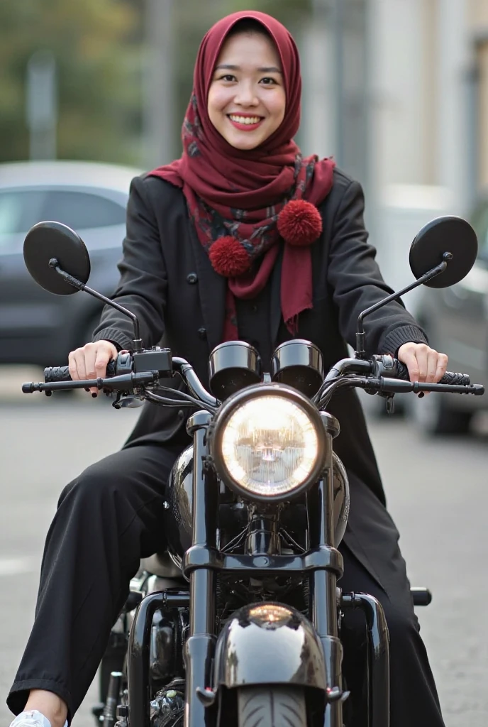 Woman wearing casual clote wearing hijab, that says "thalita"post kandid beside tha Motorcycle, animasi