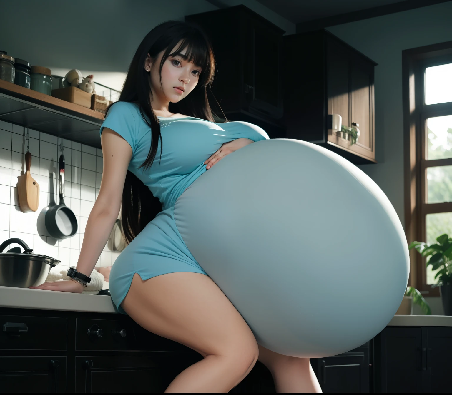 A Asian girl in a red swimsuit and straight black hair with bangs big belly vore with a fat ass and big front view