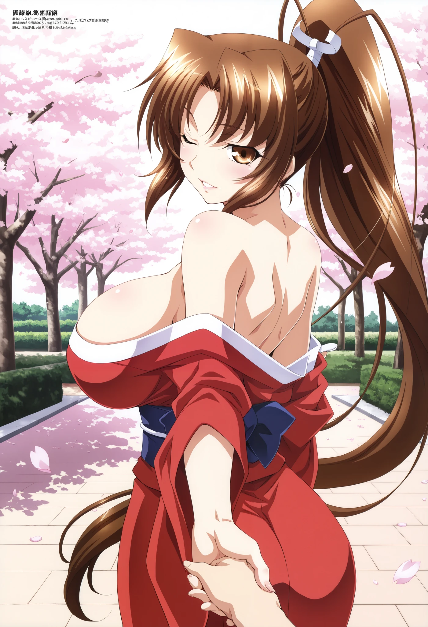 mai shiranui, 1girl, breasts, solo, brown hair, long hair, ponytail, brown eyes, cowboy shot, seductive smile (masterpiece),(best quality),(ultra-detailed),(best illustration),(best shadow),(absurdres),(detailed background),(very aesthetic), upper body, looking back, winking, one eye closed, smile, looking at viewer, skinny, huge breasts, wide hips, kimono, outdoors, sakura blossoms, petals, park, detailed background, bare shoulders, (kimono), parted lips, pov handholding, holding viewer's hand, pov holding hands,