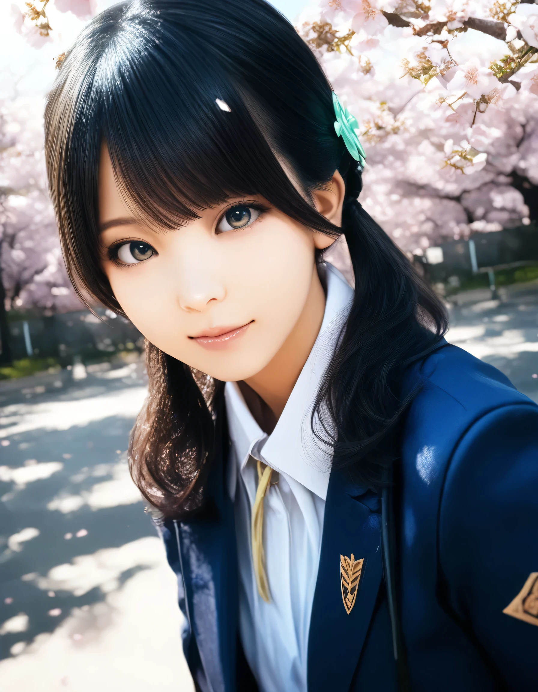 1girl, endo riko, gundam, year 2016, upper body, schoolyard, cherry blossom tree, masterpiece, high score, great score, absurdres, 16k, Ultra detailed, (photorealistic : 0.75)