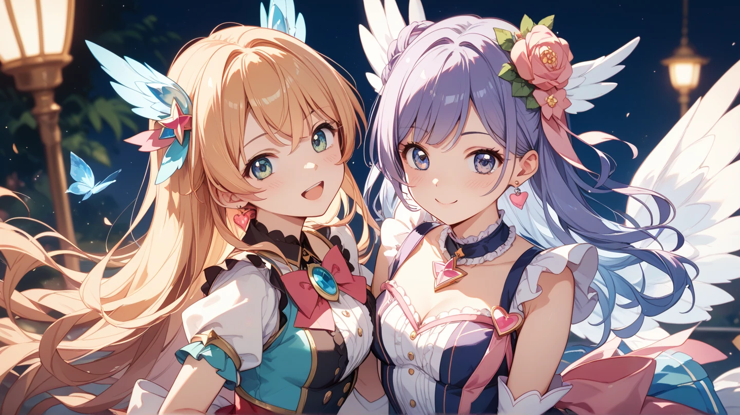 two girls singing a duet, ((2girls:1.3)), ((moe style:1.3)), ((idol outfit:1.3)), microphone, dancing, singing, cuddling, ((large breasts:1.3)), ((centerfold:1.3)), ((extremely feminine:1.3)), perfect hands, ((perfect face)), ((extremely cute:1.3)), ((masterpiece)), ((8k)), ((best quality)), ((beautiful)), ((extremely detailed:1.3)) , ((absurdres)), AddXL, ((score_9:1.3)), ((score_8_up:1.3)), ((score_7_up:1.3)),
