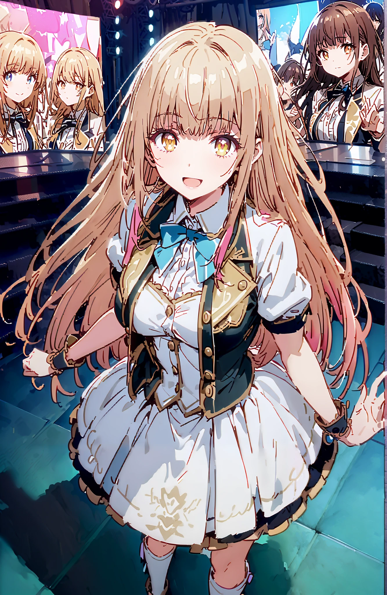 is horrible, Mahiru Shiina,Alone, bungs, Gold, long hair,yellow eyes,Medium breast,smile,cover,open your mouth,idol costume, dress,collared dress,jacket,cropped jacket,Short sleeve,bowtie,bow,button, above Decorati has ,(white knee-high:1.2),boots,is standing,アイドル歌手がライブ ステージで熱狂的に歌うシーンのillustration,アイドル歌手が ステージ中央にis standing, idol singers sing with microphones , idol singers are serious and impressive ,The singer's voice is strong and beautiful. , fans gather around the stage , fans sing and dance with idol singers Idol singers who do things ,The Big Picture, Various colored lights ,,full bodyがillustrationに入るように,break indoors,concert venue,
break looking at viewer,full body,
break (masterpiece:1.2), best quality, high resolution, Unity 8k Wallpaper, (illustration:0.8), (beautiful detailed eyes:1.6), very detailed face, so that it fits into the illustration, extremely detailed CG,full body写真, (perfect hand, perfect anatomy),