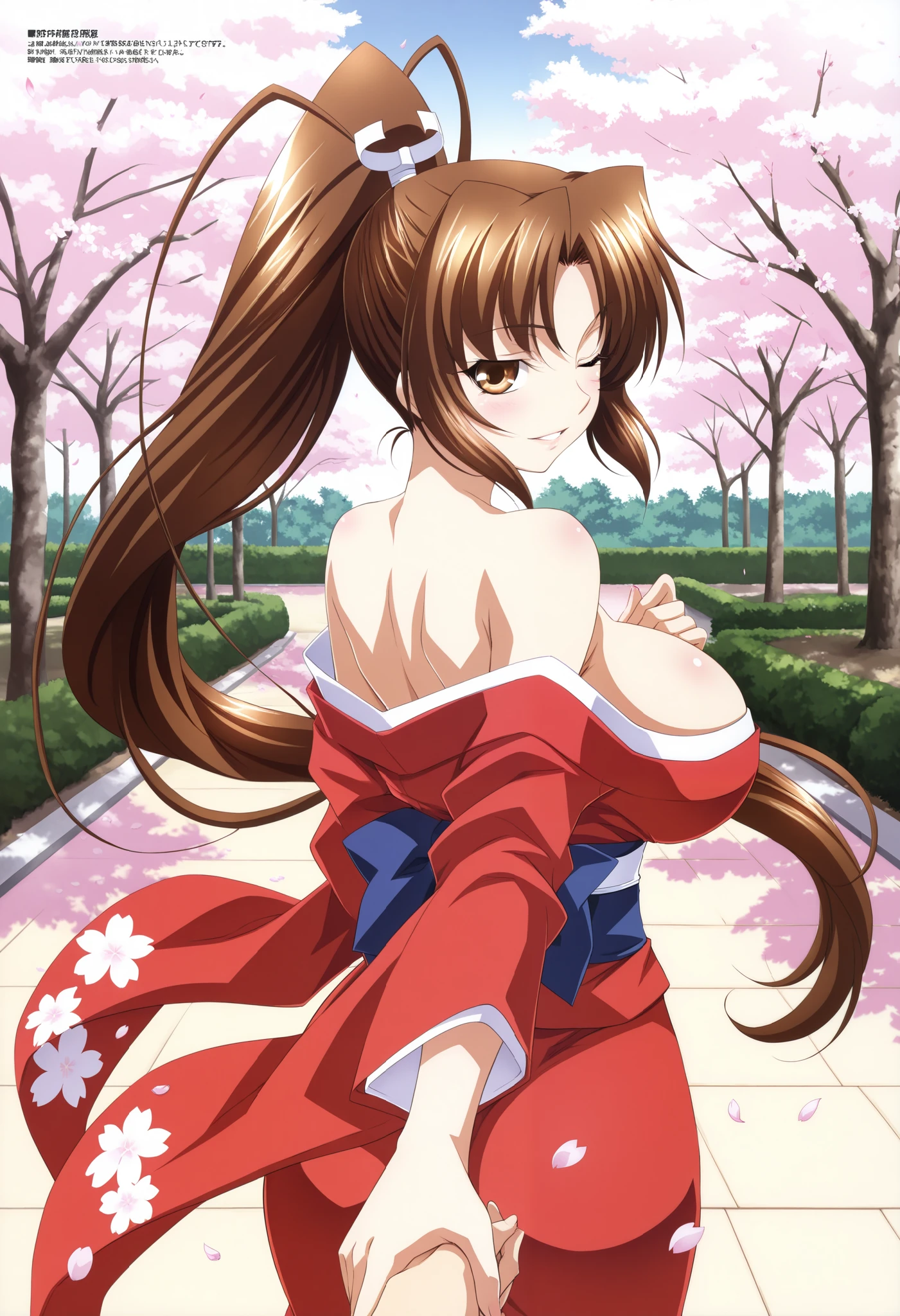 mai shiranui, 1girl, breasts, solo, brown hair, long hair, ponytail, brown eyes, cowboy shot, seductive smile (masterpiece),(best quality),(ultra-detailed),(best illustration),(best shadow),(absurdres),(detailed background),(very aesthetic), upper body, looking back, winking, one eye closed, smile, looking at viewer, skinny, huge breasts, wide hips, kimono, outdoors, sakura blossoms, petals, park, detailed background, bare shoulders, (kimono), parted lips, pov handholding, holding viewer's hand, pov holding hands,