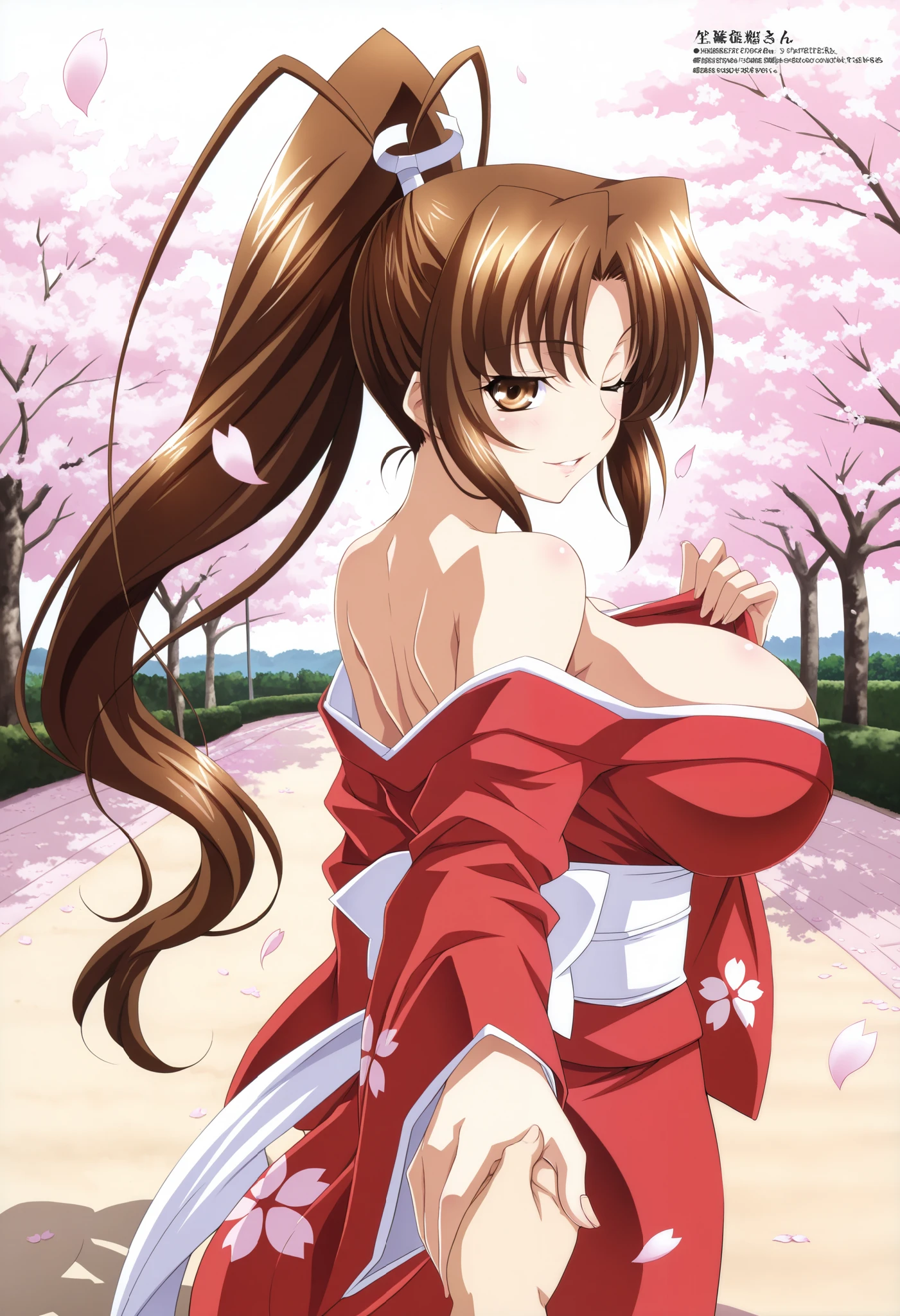 mai shiranui, 1girl, breasts, solo, brown hair, long hair, ponytail, brown eyes, cowboy shot, seductive smile (masterpiece),(best quality),(ultra-detailed),(best illustration),(best shadow),(absurdres),(detailed background),(very aesthetic), upper body, looking back, winking, one eye closed, smile, looking at viewer, skinny, huge breasts, wide hips, kimono, outdoors, sakura blossoms, petals, park, detailed background, bare shoulders, (kimono), parted lips, pov handholding, holding viewer's hand, pov holding hands,
