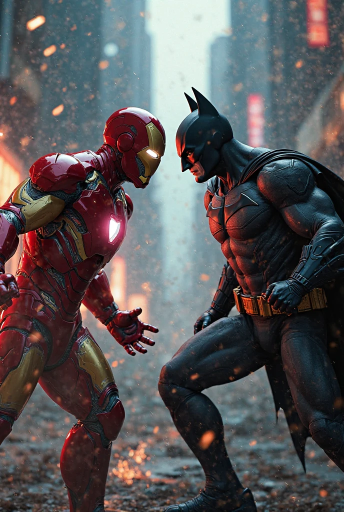 a highly detailed illustration of iron man and batman arm wrestling, muscular male figures in a dark gritty cityscape, dramatic lighting, cinematic composition, hyperrealistic, 8k, intricate details, chiaroscuro lighting, moody atmosphere, dynamic pose, powerful muscles, intense expressions, superhero battle, digital art, concept art