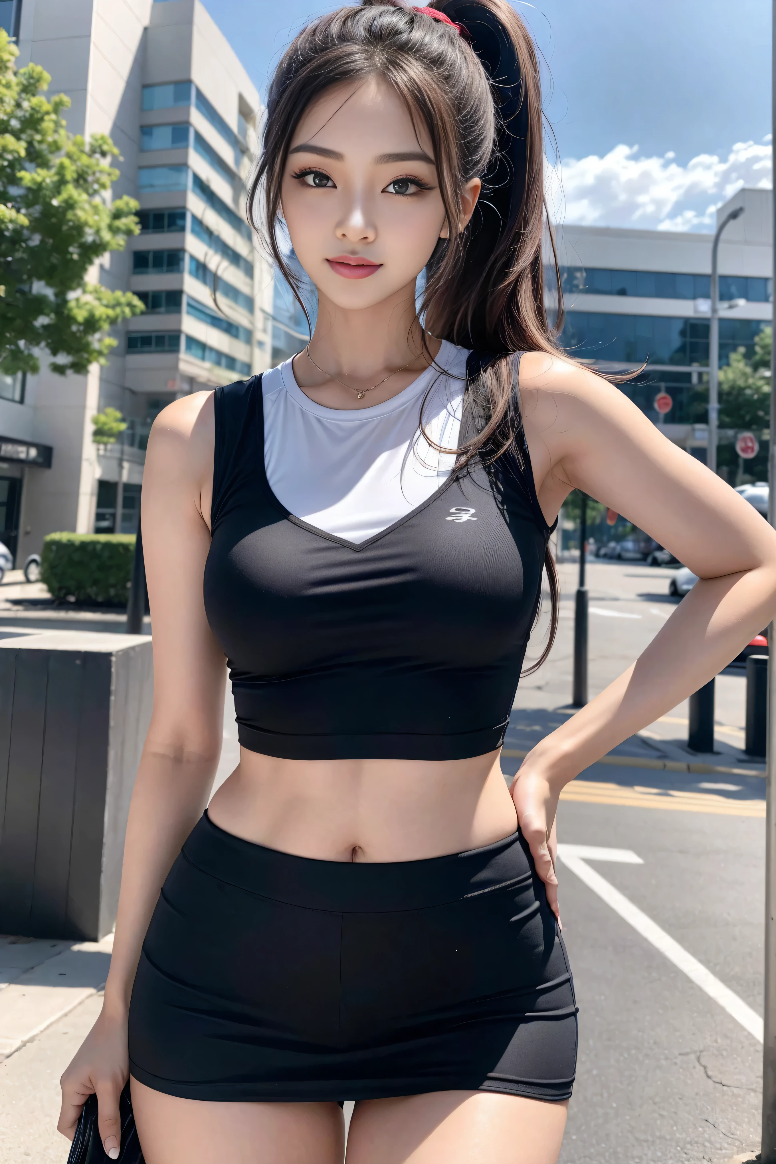 (8k, Photorealistic, Raw photo, Highest quality: 1.4),Japanese idol style1Beautiful girl of the person,18-year-old,Ponytail hairstyle,Black Hair,It is tied with a big ribbon,Her tied up hair is fluttering in the wind,Big, clear grey eyes,Long eyelashes,Plump Cheeks,She is wearing pink lipstick,Apply gloss over your lipstick for glossy, plump lips,The face is flushed,Her whole body is sweaty,Firm and slim abdomen,He is wearing a black watch on his left wrist.,Her forehead, chest and abdomen are glistening with profuse sweat.,Wearing a short white tank top,Wearing pink sportswear,Wearing white sports shoes,Running along a forest road, looking straight ahead with a serious expression,She is surrounded by the gentle sunlight filtering through the trees.,Full body snapshot