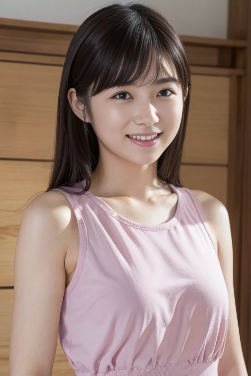 （8K、RAW Photos、Highest quality、masterpiece:1.2）、（Realistic、Photorealistic:1.37）、Super detailed、Ultra High Resolution、Looking into the camera、Beautifully detailed face、A kind smile、（cute:1.2）、narrow、(Slim waist:1.3)、((Solo girl, 24 years old)), white dress shirt, blue pleated skirt, Japanese Student Model