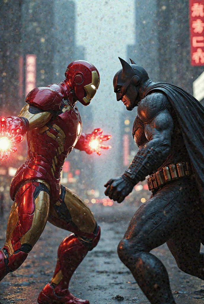 Iron man and batman fighting each other with angry mood on a garage and cars on the gagage are destroyed