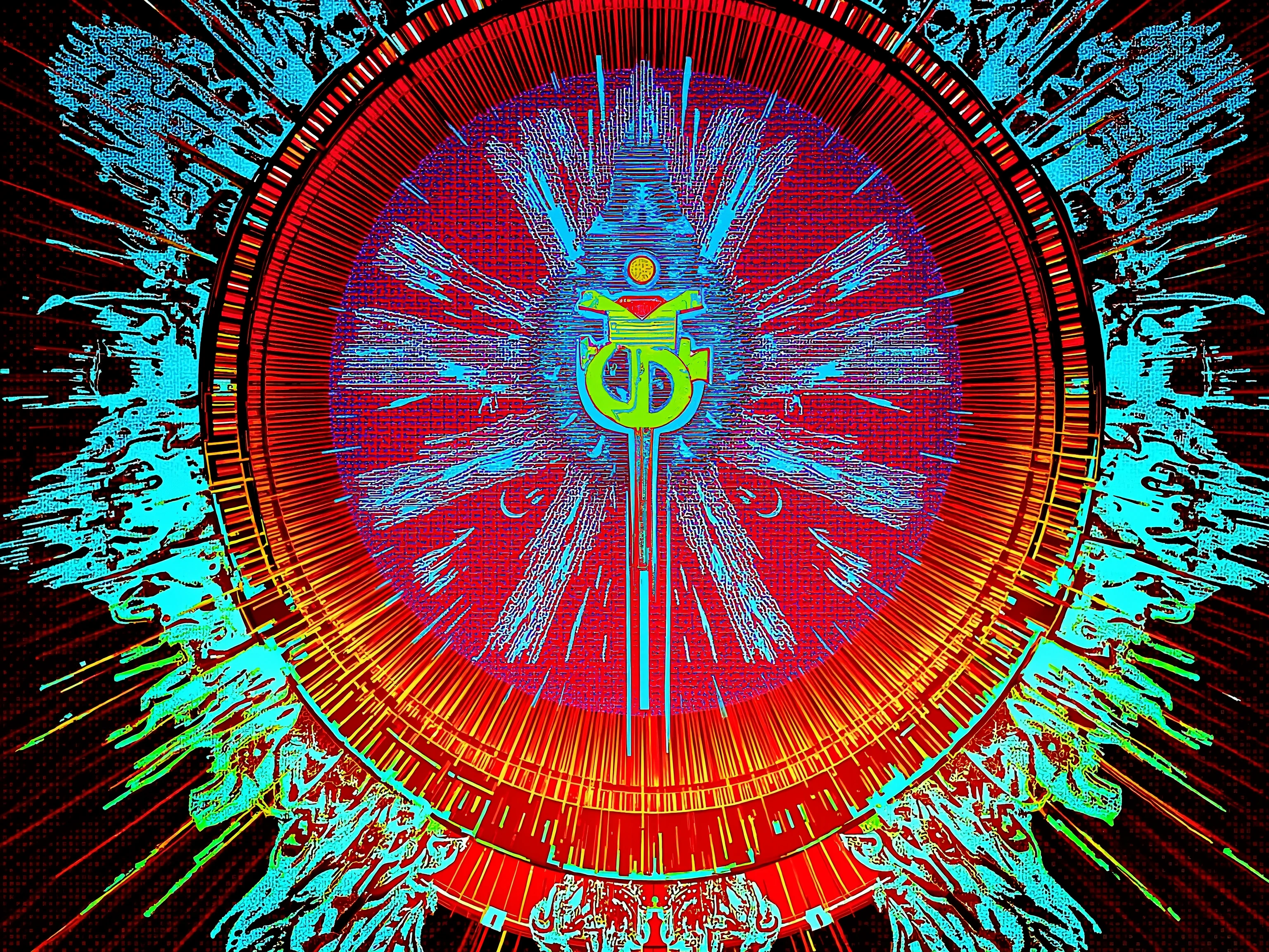 Vitruvian Man, anarchy symbol, extreme detail, Final Fantasy Logo, neon ultra color spectrum inverse mixture, technicolor cracks, radiant leylines