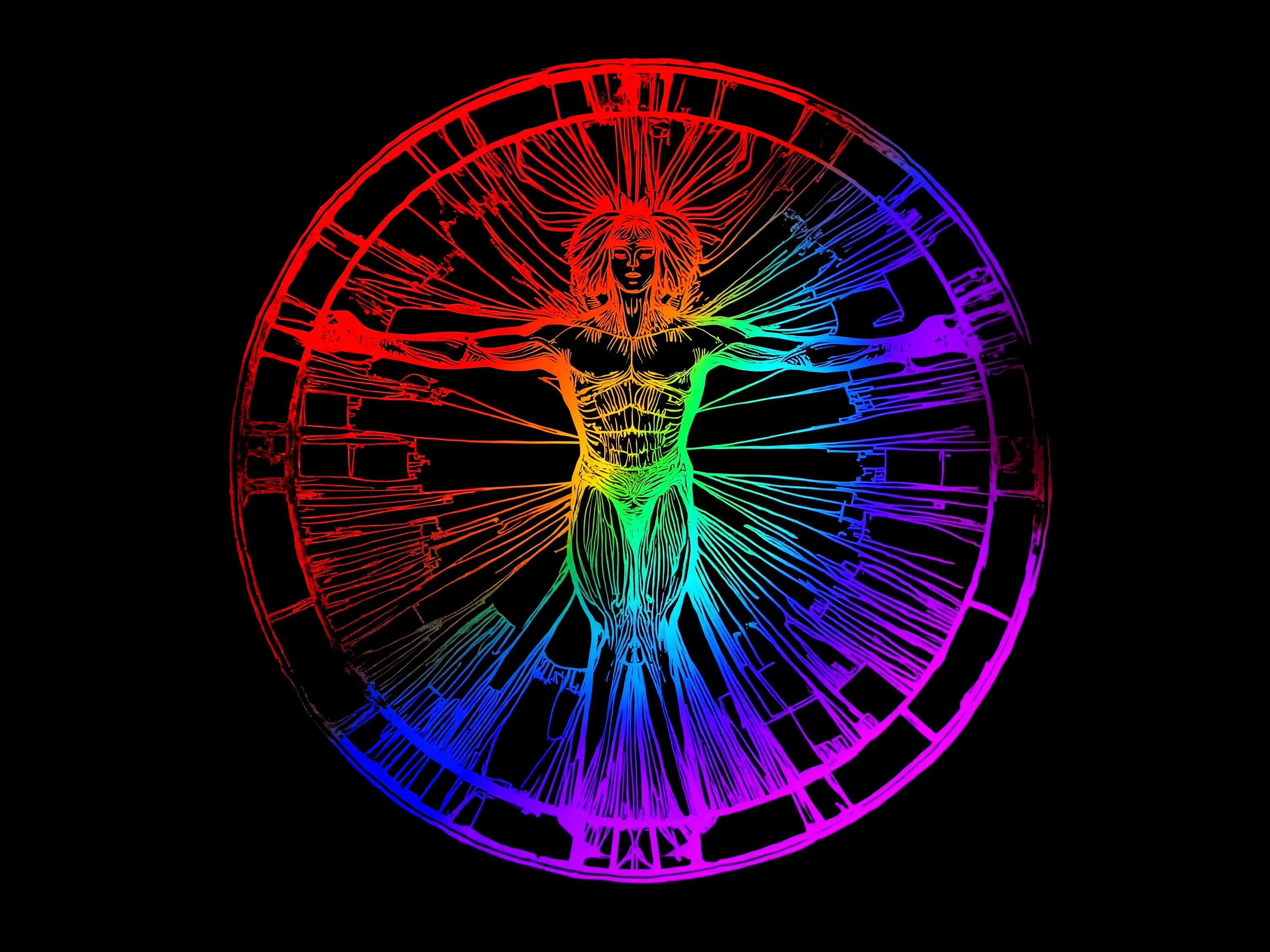 Vitruvian Man, anarchy symbol, extreme detail, Final Fantasy Logo, neon ultra color spectrum inverse mixture, technicolor cracks, radiant leylines