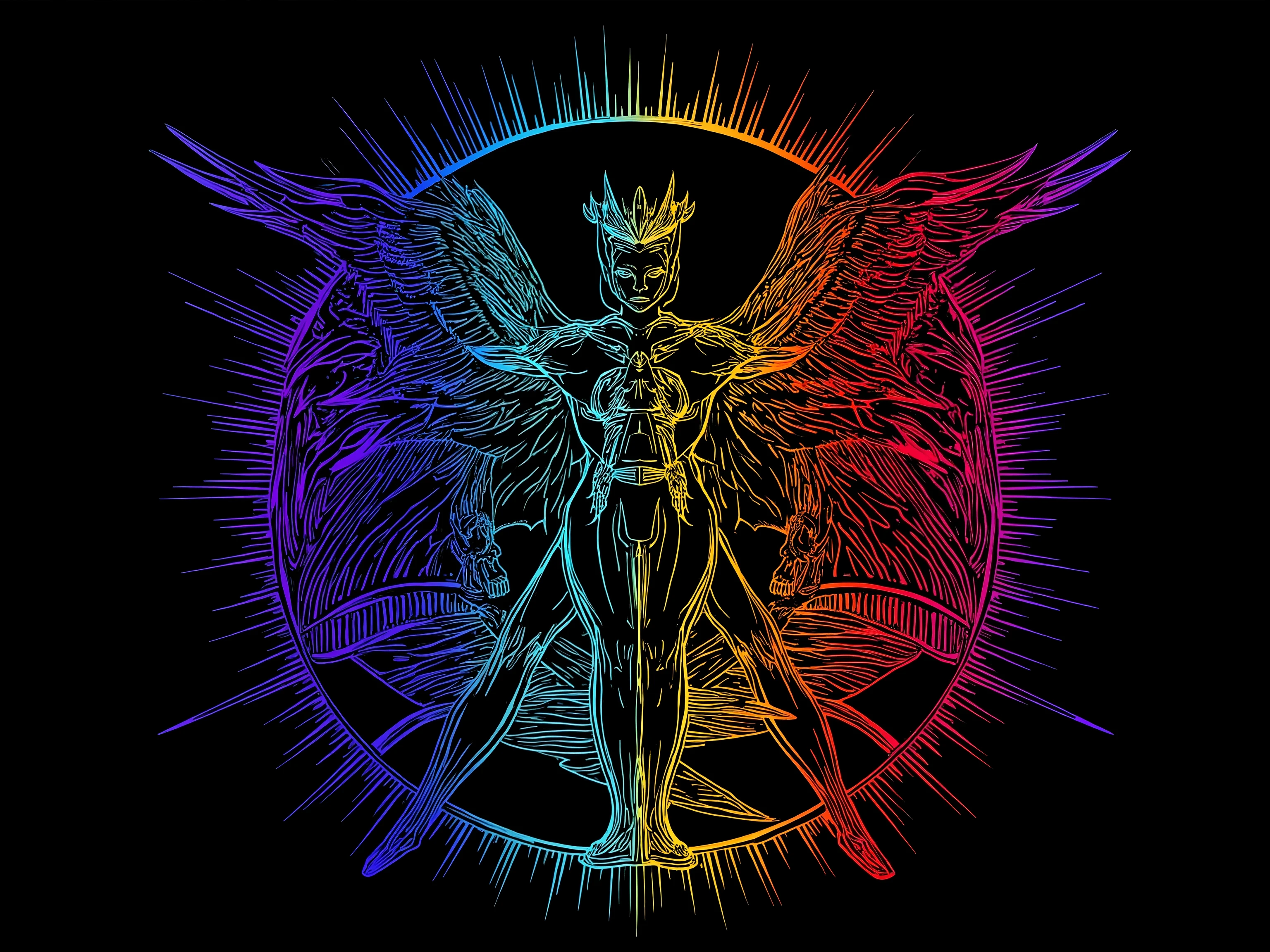 Vitruvian Man, anarchy symbol, extreme detail, Final Fantasy Logo, neon ultra color spectrum inverse mixture, technicolor cracks, radiant leylines