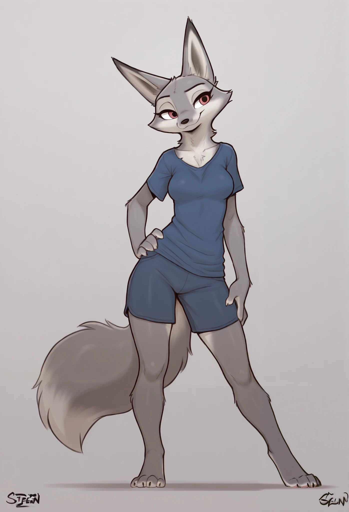 ,solo, female grey furry fox, anthro, countershading, snout, Zhen, slender body, standing, contrapposto, wearing blue shirt, blue shorts, feet paws, four toes, gradient grey background, masterpiece, best quality, amazing quality, high resolution, absurdres, newest