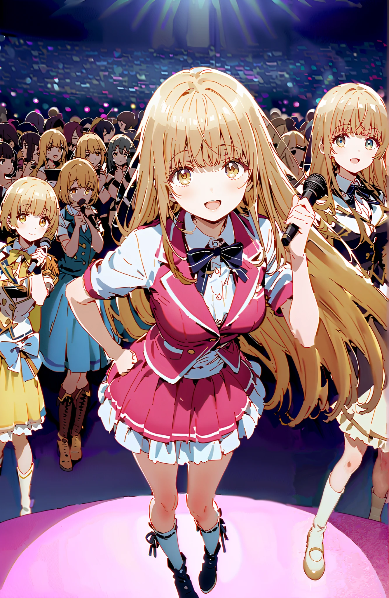 is horrible, Mahiru Shiina,Alone, bungs, Gold, long hair,yellow eyes,half up do,Medium breast,smile,cover,open your mouth,idol costume, dress,collared dress,jacket,cropped jacket,Short sleeve,bowtie,bow,button, above Decorati has ,(white knee-high:1.2),boots,is standing,アイドル歌手がライブ ステージで熱狂的に歌うシーンのillustration,アイドル歌手が ステージ中央にis standing, idol singers sing with microphones , idol singers are serious and impressive ,The singer's voice is strong and beautiful. , fans gather around the stage , fans sing and dance with idol singers Idol singers who do things ,The Big Picture, Various colored lights ,,full bodyがillustrationに入るように,break indoors,concert venue,
break looking at viewer,full body,
break (masterpiece:1.2), best quality, high resolution, Unity 8k Wallpaper, (illustration:0.8), (beautiful detailed eyes:1.6), very detailed face, so that it fits into the illustration, extremely detailed CG,full body写真, (perfect hand, perfect anatomy),