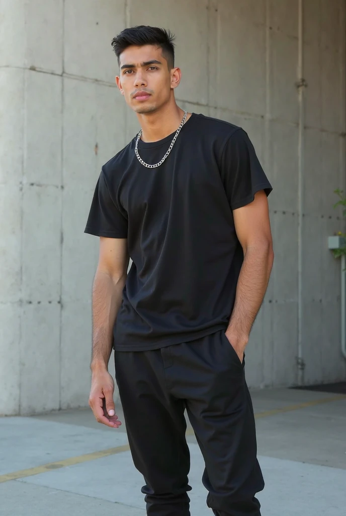 16 year old middle eastern male with shoulder length black long black hair, black v-neck tshirt, black long joggers, white nike air force shoes, muscular build, holding, outside of Mcdonalds, thin eyebrows,