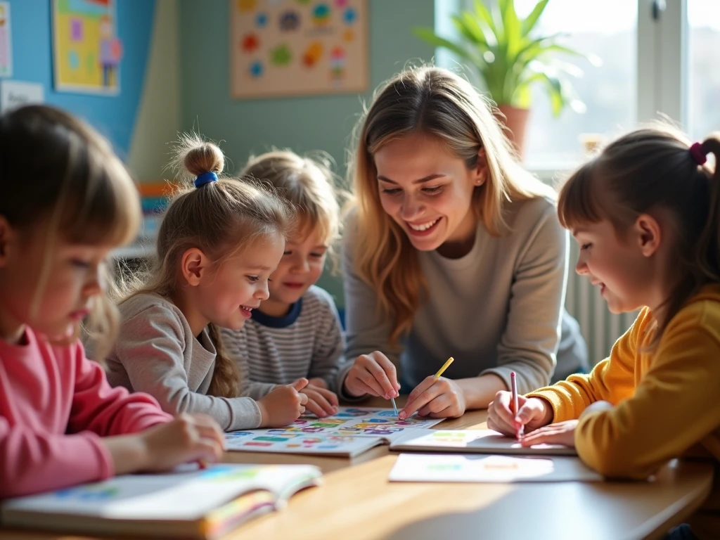 cheerful white children in bright t-shirts draw pictures with teacher in classroom