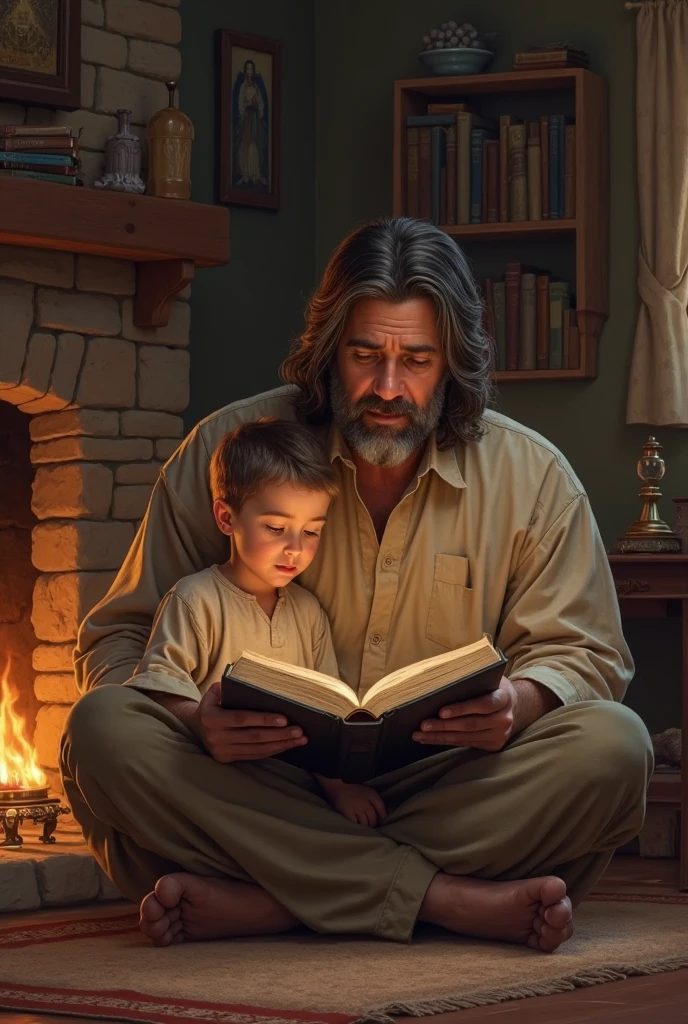 (de frente), familia composta por 5 pessoas, A 47-year-old father and a 49-year-old mother, their 24-year-old daughter and 2 grandchildren, 1 2-year-old boy and 1 7-month-old girl united around the Holy Bible