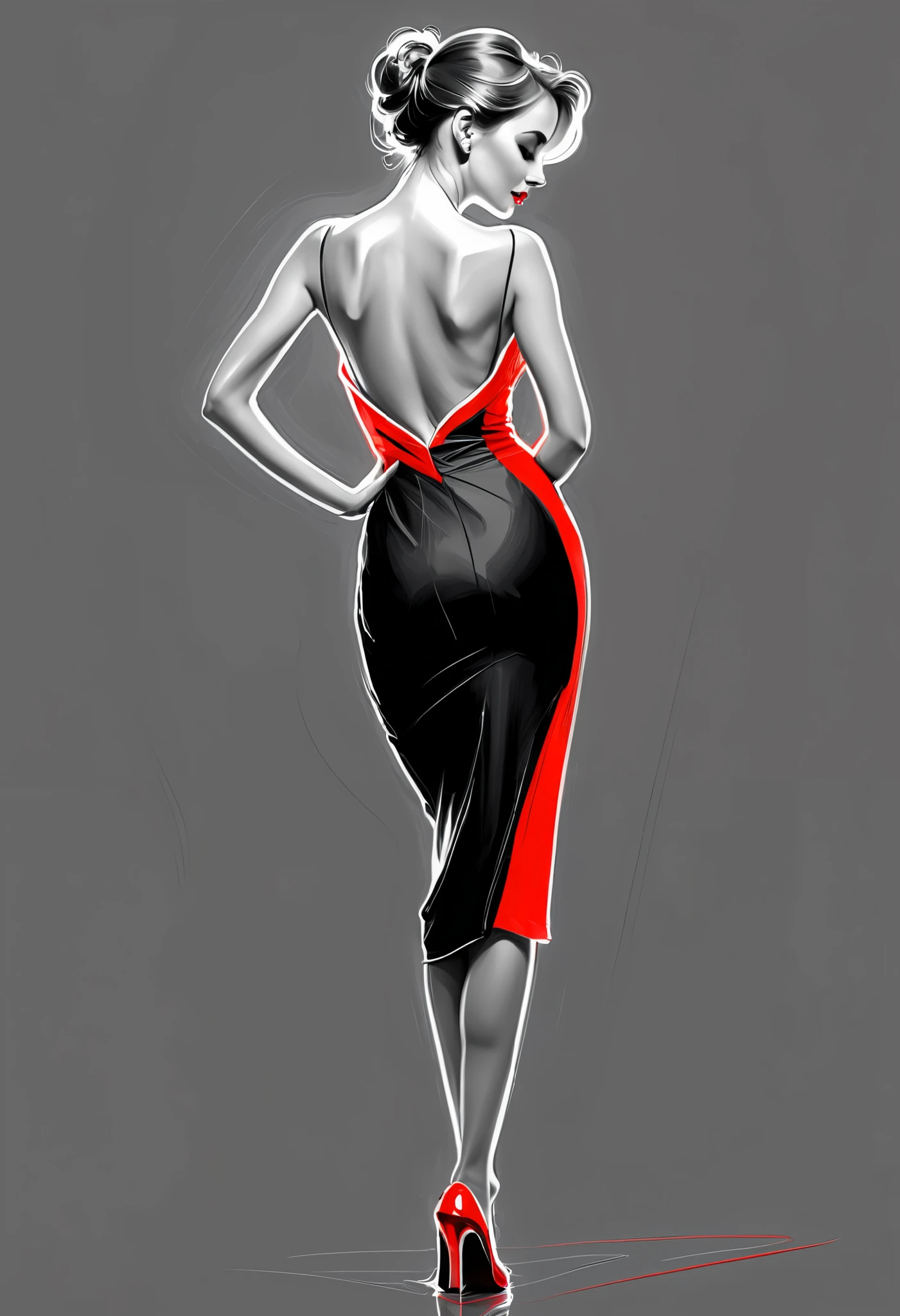 Pencil Sketch Drawing, line art drawing , a elegant beautiful woman, wearing tango dress,  (her silhouette outlined with glowing red). (style of Vladimir Volegov:1.1). (her silhouette contoured with glowing red). red white on grey color palette.
  professional, sleek, modern, minimalist, graphic, line art, vector graphics, black and white drawing, graphite drawing