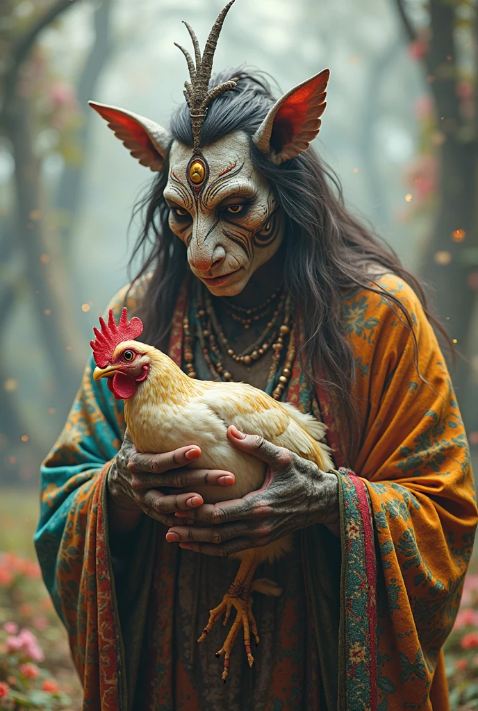 Obaluaê hugging brown chicken