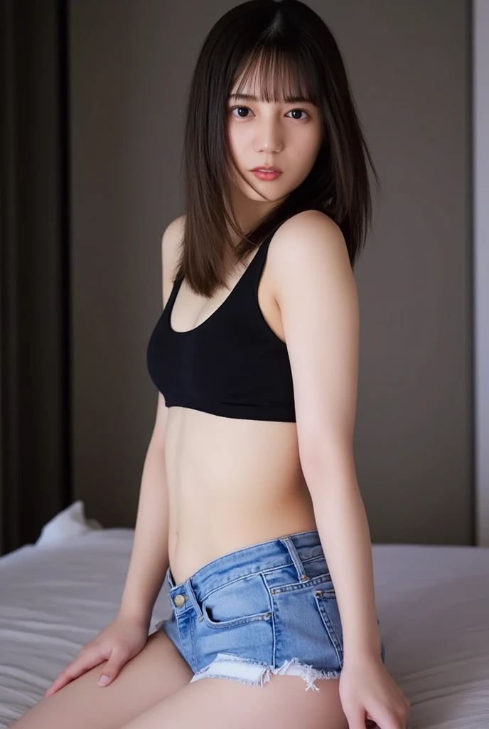 (8k:1.2), best quality, masterpiece, (ultra highres:1.2), beautiful detailed eyes, long eyelashes, double eyelid, high detail, detailed hairstyle, detailed face, hyper realistic, 1girl, solo, (pale skin:1.2), (18 years old), (medium breasts), sexy, blue underwear, small hips, slender, (medium breasts:1.2), (wet:0.9), (transparent clothes), small hips, slender, bikini, black hair, closed mouth, (smiling:0.8), looking at viewer, (from below:1.3), (from front), legs focus, (cowboy shot), (sexy pose:1.2), bedroom, bed,