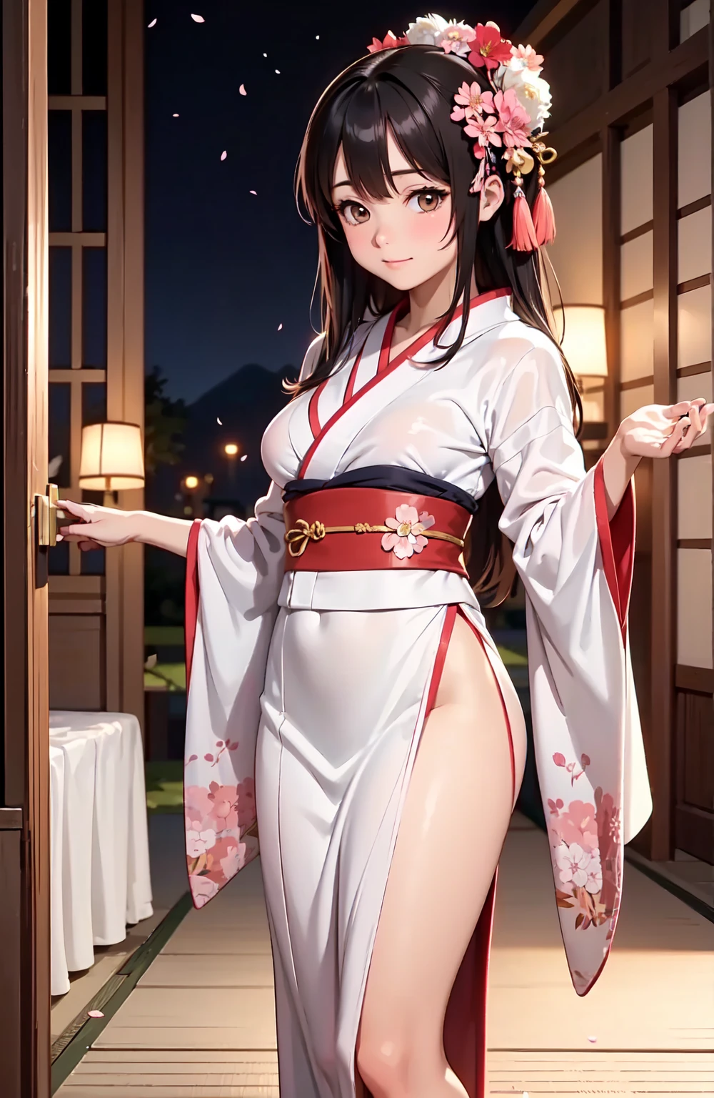 High definition、anime、pastel、A neat woman dressed in a shrine maiden outfit、Do not show your legs、Do not show thighs、Flowers sprout from beneath your feet、A long, flowing miko outfit、18age、Half red long silver hair、Full body portrait、Wearing clogs、Large eyes like opals、Powerful eyes、Dance dedicated to the gods