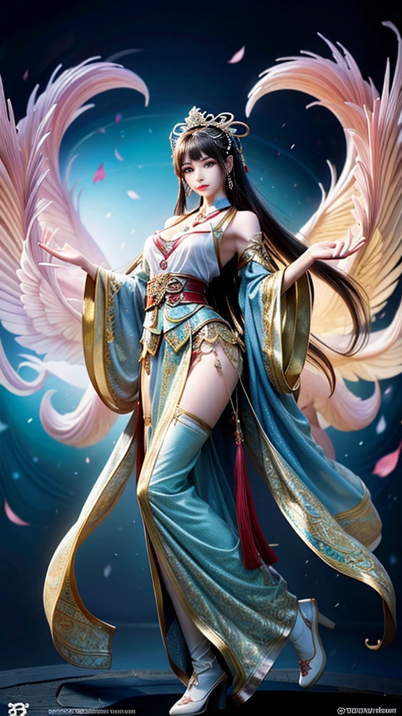 1 Girl,solo, Teenage, pinkdress, pairs of pink bird wings on head, Gold necklace, Cloudy background, Colorful clouds, Full body, Floating in the sky, looking looking at viewer, 
((巨作)), ((Best quality)), ((highly-detailing)),  (Detailed face), (offcial art),