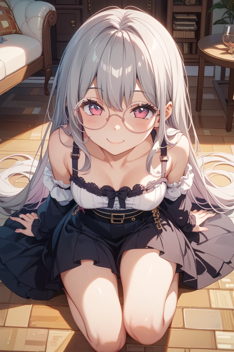 best quality,best resolution,(fluffy anthro furry :1.6),(young :1.8),(brown skin :1.6),cat girl,small breasts,light grey hair,long hair,wavy hair,curvy hair,red eyes,glistering eyes,sparkle eyes,huge circle glasses,maid outfit,maid headdress,maid gloves,ruffles,beautiful cafe,white light,looking at viewer,full face blush,horny face,smile,close eyes,heart eyes,heart expression eyes,one eyes close,sexy pose,raise up leg,sitting