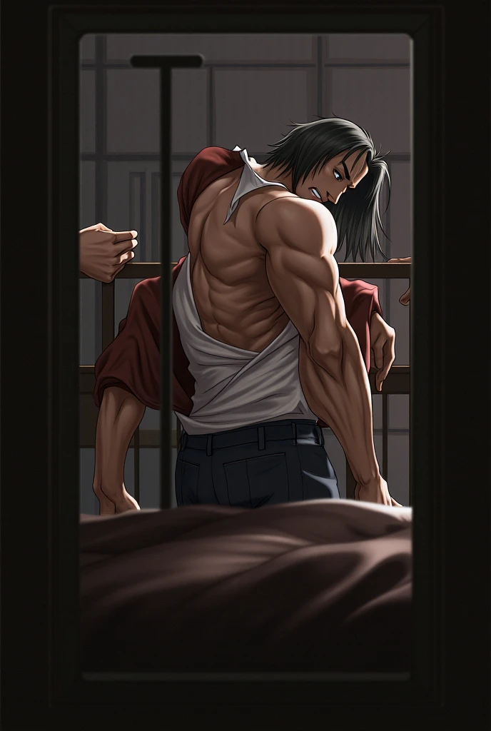 high quality,masterpiece,anime style,Minimum Tone, cowboy shot,underground,imprisonment,looking at the viewer,crossed_arm,squat,(male,Japanese,white bodice jacket,bottomless,White Fundoshi,sweat vapor,expression of agony,Bukkake ),muscular butt,Women's stories,multiple penises,gang rape,perfect anatomy,