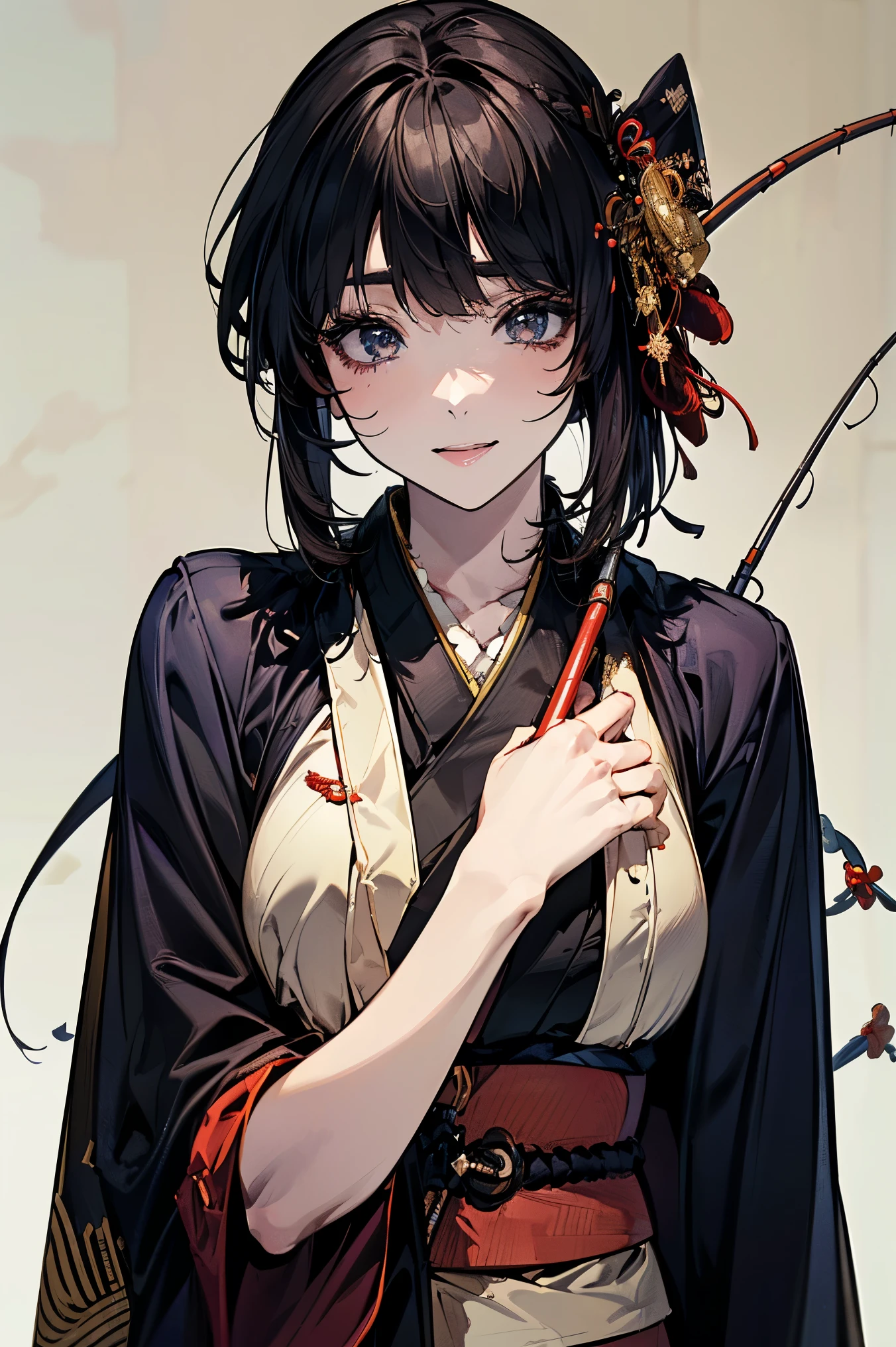 (masterpiece:1.5),beautiful hair,beautiful,Beautiful slender body,(Konno Anna:1.2),(Riho Yoshioka:1.1),(closes her eyes and sticks out her tongue:1.3),(Waterfront:1.4),bust illustration from the front ,((((An Extraordinary Beauty:1.7)))),(((( kimono,Military jacket,Taisho Romance:1.5)))),((19-year-old single woman holding a fish in her hand:1.1)),(( holding a fishing rod :1.5)),(accurately depicted anatomically correct hands:1.1) dark hair,long eyelashes,Three-dimensional, jewel-like eyes,Very delicate and beautiful CG,2. 5D illustration, anatomically accurate body, (Extremely precise illustrations:1.1),(Waterfront:1.4), (wallpaper:1.4),8k