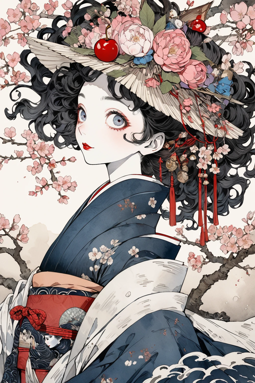 Norman Rockwell's Watercolor Touch、Tim Burton's World、ukiyo-e , baroque,   cherry blossoms、goddess、Extremely Detailed Details、high definition、