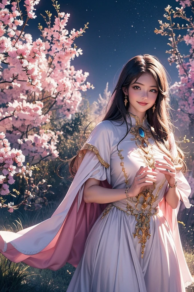 Female, standing at the park, with pink dress, With a mountain view, beautiful face, perfect face, pink nails, smile, beautiful eyes, masterpiece, best quality