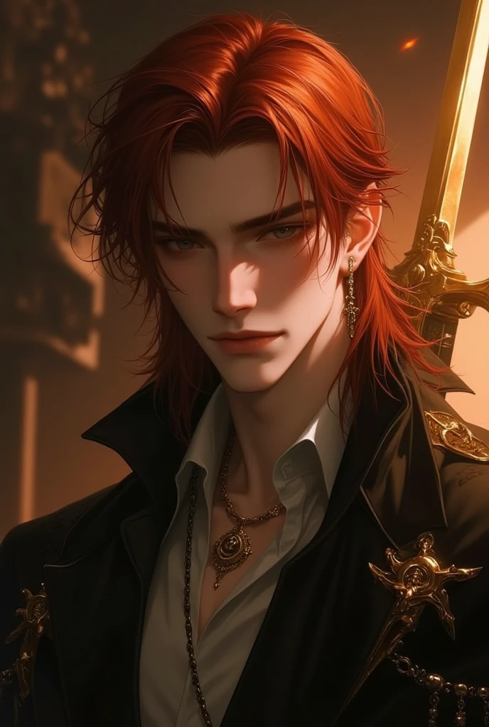 man, vampire, masculine, masculine face, attractive, muscular, ((1man)), masterpiece, absurdres, best quality ,intricate details , (shiny skin, shiny body, shiny oily luster skin, shiny hair, pale skintone), old castle, Sundown, attractive, ((muscular)), adult, one, tattoo in his chest ,black blouse, earrings, black pants, Don't look at the view , Not looking at the view, red short hair, perfect detailed face, perfect detailed hands, vampire fangs, blue eyes, ((MLS)), medium large shoot