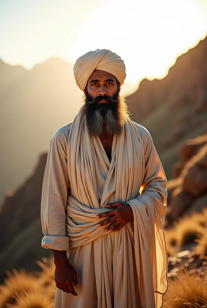 Bearded and hairy mixed race man standing in white underwear with a blue Islamic cap on his head and a holy book called GACÚY in his right hand.