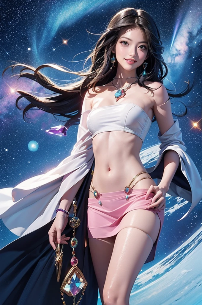1girll,（enchanced quality：1.4），（Top quality true texture skin), Delicate face,Black hair, Gradient hair,  body,（perfect bodies：1.1）, There are precious stones on the forehead, rimless eyewears, Sparkling pupils，long eyelasher,grin, hyper photorealism, Cinematic lighting, projected inset, surrealism, hyper HD, Masterpiece, 16k，Lie down，dream on，Wear transparent silk pajamas,Carmelto,Legs slightly open，Tattooed with，Fantasy space，Luxurious space,Shoulders exposed skin,The belly button and the surrounding area are exposed,Are thin,Small butt,hips are small,Nipples,Beautiful nipples,The faint vibration of very flat and small breasts,