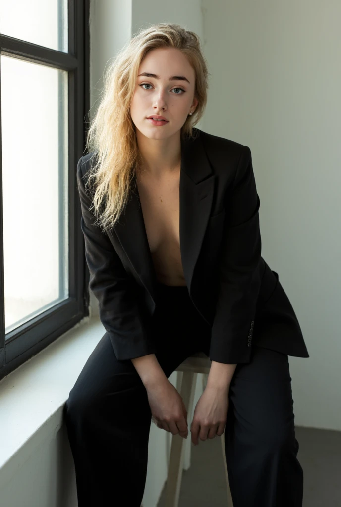 best quality, masterpiece, Ultra-high resolution, (Reality:1.4), original photo, 1 Girl, Blonde hair, blue eyes,  Detailed eyes and face, Black suit, Dynamic Lighting, in the darkness, Deep Shadow, Low profile, Cowboy full body shot