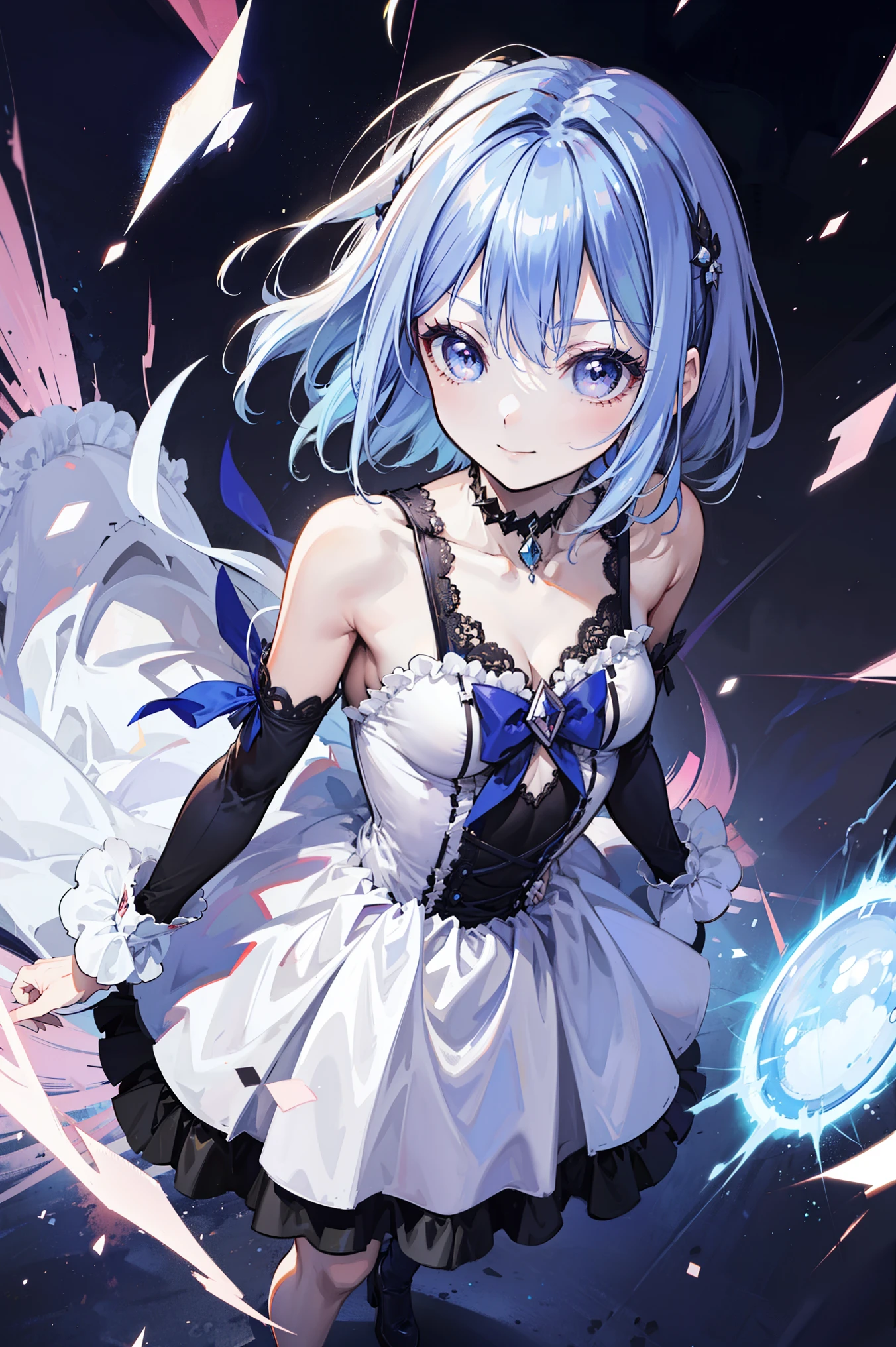  Cute magical girl    , ( Double Bomb ,      short blue hair  ),    Smile, compensate, purple eyes,  Small    ,  Curvy ，dynamic perspective，mischievous posture， A dress blown by the wind，white gothic bear top dress , choker,  Extra-long sleeves, (Ultra precise, Absolute determination, is the best quality:1.3), 2.5D,   Delicate and dynamic  , art photo,       super realistic   ,  graphic CG digital cartoon style art
