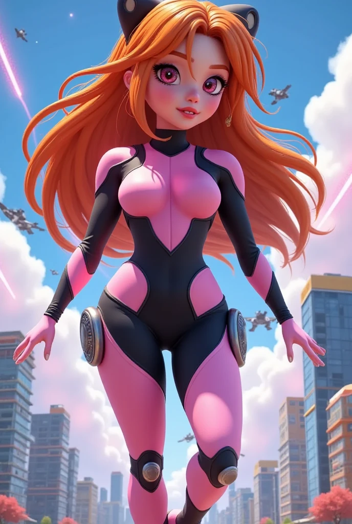 ((A stunningly powerful depiction of a super_hero-girl)) with a (taut and curvy-musculat torn), super_hero feminine taut bodysuit made of (pink wet-look latex), showcasing her ((hourglass body)) and (muscular physique). She has (ginger hair) styled in a large curly and captivating manner. The image features her in a solo shot, exuding confidence and strength, striking a (contrapposto pose). This artwork will be inspired by the (Marvel: Artgerm 70's-90's american comics style), incorporating elements from the works of Artgerm and the iconics illustrations. The environment/background should complement the character, (outdoor) with a (cityscape) to create an (adventurous and heroic atmosphere). The image should be a (digital illustration), focusing on (sharp focus) to highlight every detail in toned muscle. The (medium shot) captured with a (medium telephoto lens), (slightly elevated view) for an erotic engaging perspective. The lighting should be ( amazing appeal), emphasizing (highlights and shadows) to enhance the character's presence. beautiful detailed face, The desired level of detail is (high), with a (300 DPI resolution), ensuring (impressive visual clarity and impact).