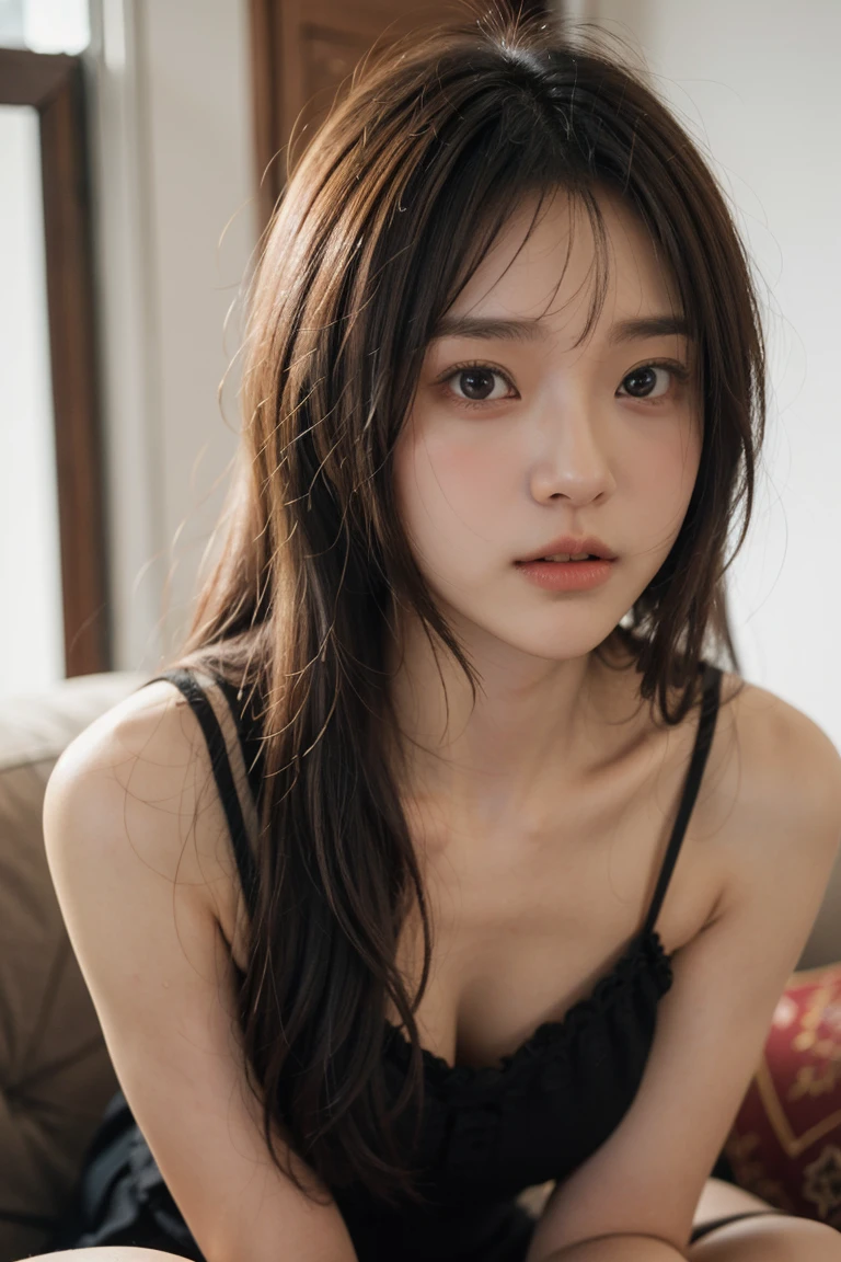 ((Best Quality, 8K, masutepiece: 1.3)), Focus: 1.2, (Movie Filter: 1.3) Perfect Body Beauty: 1.4, Buttocks: 1.2, (Layered Haircut: 1.2)), , (Sitting on the sofa: 1.3), realistic face and skin texture, Full body, Fine eyes, Double eyelids, Long hair, (Round face: 1.5), (Black top: 1.6), cleavage,posterior view