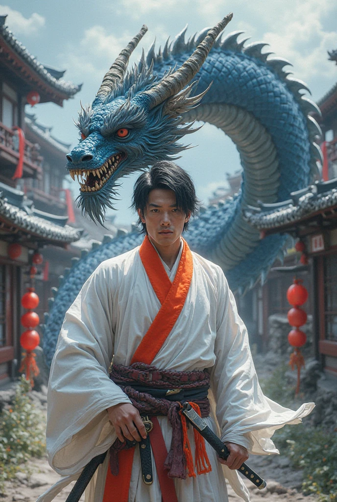 A male apprentice, with a Japanese dragon behind.