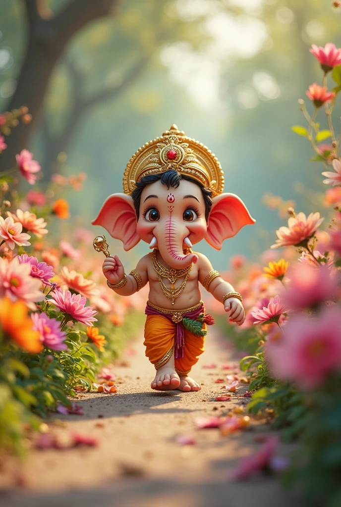 (photorealism:1.2), A cute baby Ganesha with all the detailing the Ganesha have, catching a butterfly in a flower garden. The background is filled with blooming flowers of various colors. The ground is covered with petals.