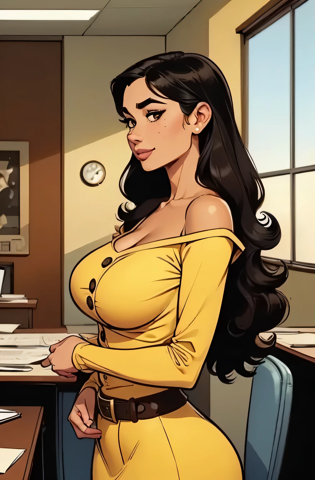 (absurd lines, HD, Ultra Delicate , be careful with your hand) Close-up of an athletic woman, Skinny and busty, 25 years, 8k (high definition), Beautiful Smile, look seductive, brown eyes, round nose, Secretary wearing yellow dress shirt ((Gola V, buttons, long sleeves)), discreet belt and skirt , arms positioned behind her body, ebony skin , black hair ((short and curly)), She's standing next to a window ((upper body, Side view)), with freckles on your chest and neck , ((big round breasts)), ((Well defined collarbone)). Marvel style ((HQ)), office in the background.