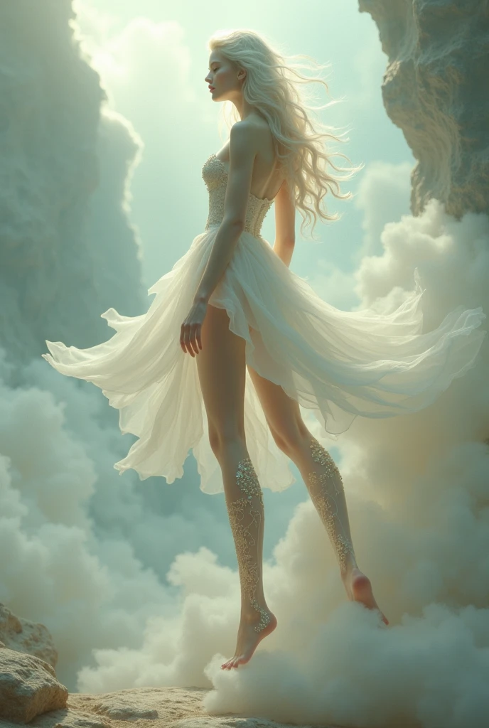 (masterpiece, high detail, high resolution, art style by Greg Rutkowski, depth of field), ((setting: high in the clouds)), (a naked woman floating in the air between volumetric clouds, high in the sky, billowing hair, (background: clouds in the sky), pale skin, (thick long rainbow paint hair: 1.8), sensual, (small breasts: 1.9), (small butt: 1.9), full body view, ((bright background), (gentle smile), relaxed, detailed, (volumetric, level difference detail), warm sharp sunlight, clear air, windy, backlight, contour light, strong but seductive, (((alone))), vibrant colours, flowy white transparent silk fabric around her waist only, (((entire body))) visible, both feet in the shot,