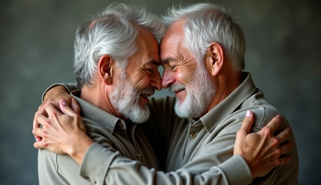 Elderly gay couple smiling, hugging, and looking into the camera. Real gay people sincere portrait, shot with Sony Alpha a9 II and SONY FE 35MM F/1.4 GM lens, natural ligh, hyper realistic photograph, ultra detailed