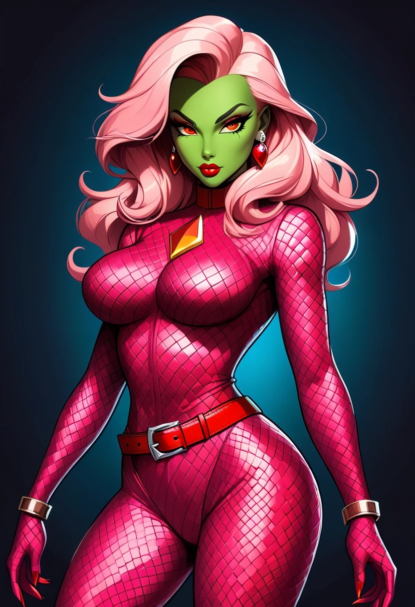 Beautiful green haired woman, tight and shiny pink outfit, high collar, zipper, soulful look, Vector art,Layered textures,progressive,pop,sf,cyber punk,Super sexy:2.0