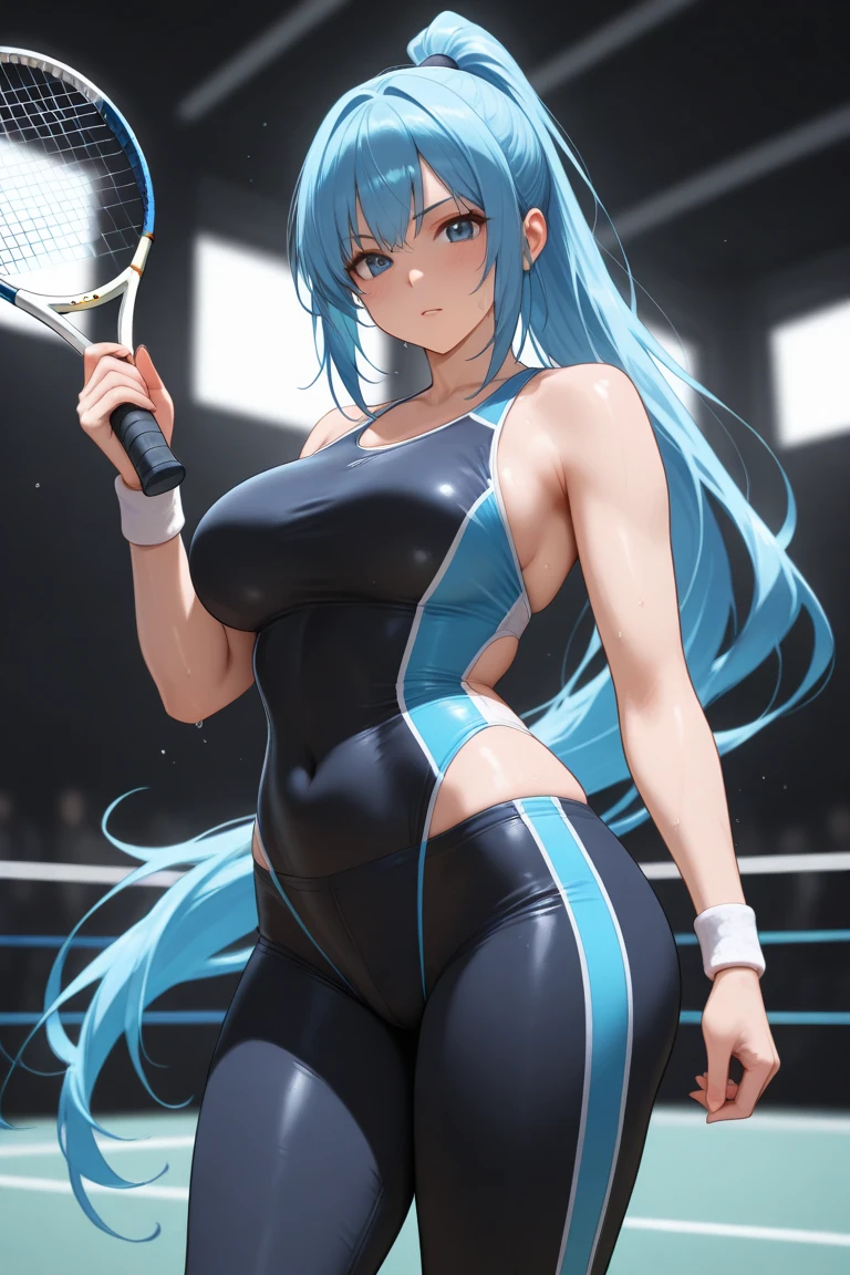A woman wearing a dark blue sports shirt, with number 10 on the shirt, wearing black sports shorts, big breasts, blue eyes, navy blue hair, long hair, smiling, perfect face, perfect eyes, standing upright, on a sports court, location during the day.,UHD , prime work , accurate , anatomically correct , textured skin , super details , high quality , best quality, 8k, high resolution, bokeh effect. (woman solo), close view
